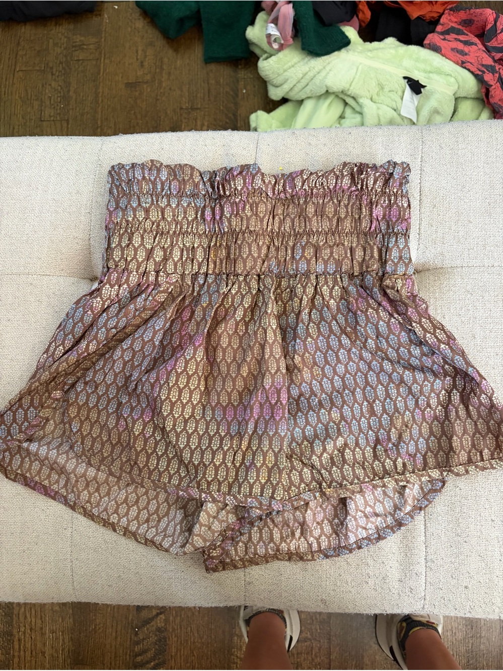 Free People Metallic Leaf-Print Smocked Waist Shorts in Brown and Pink